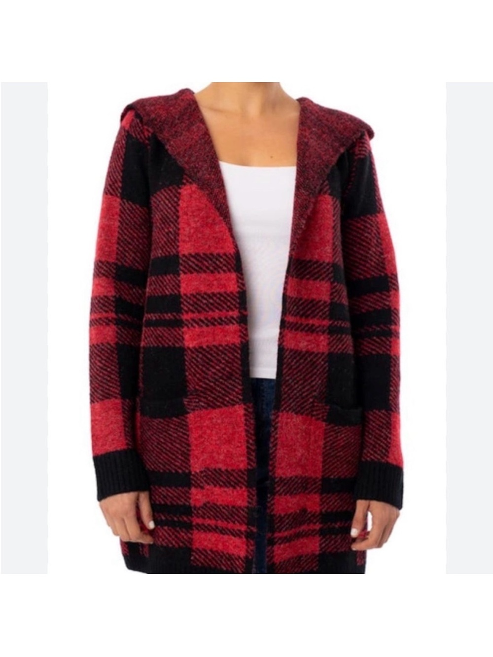 Cyrus Red and Black Plaid Hooded Open-Front Cardigan